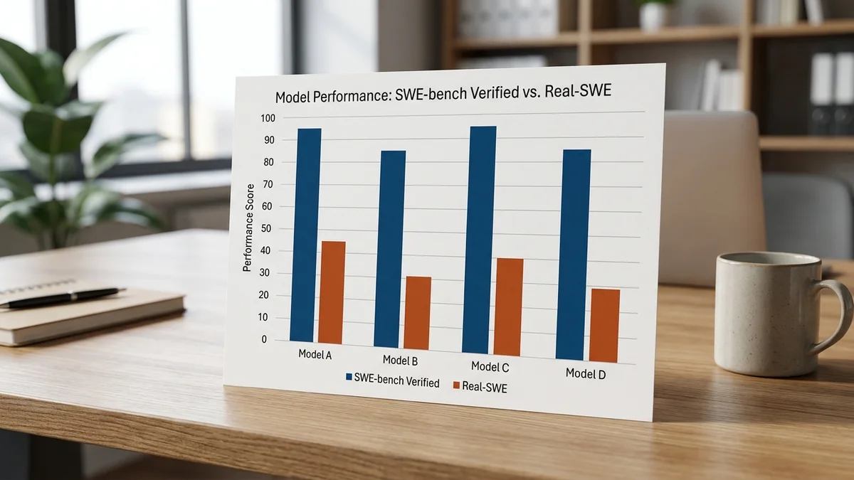 Bar chart showing frontier AI models losing 50+ points on Real-SWE vs SWE-bench Verified