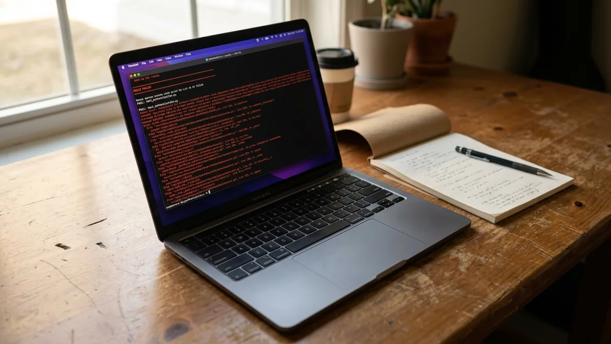 Close-up of MacBook terminal showing failed continuous integration build with red error output
