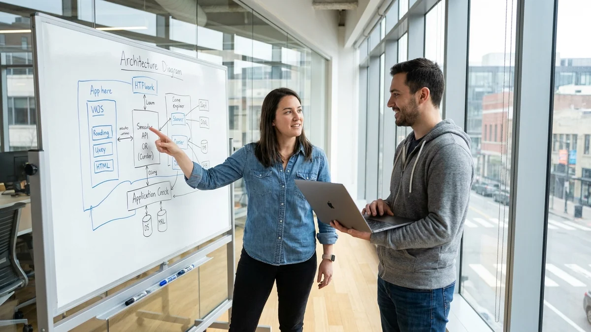 Two engineers discussing an architecture diagram at a whiteboard in an office