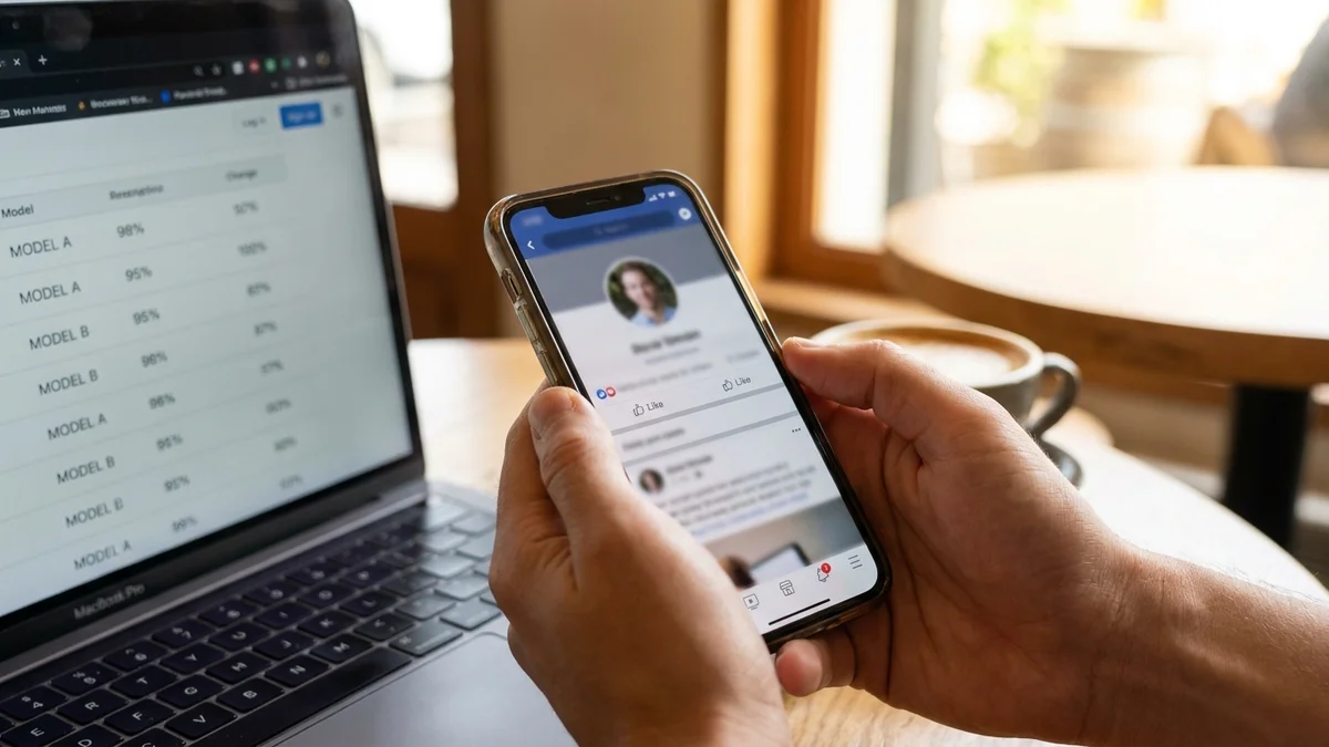 Close-up of hands holding a phone showing a social media post next to a laptop displaying an AI leaderboard