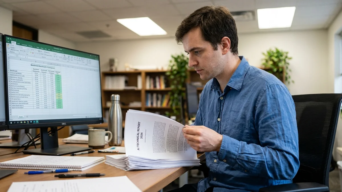 Researcher reading a printed AI technical report at a desk with a monitor displaying benchmark tables