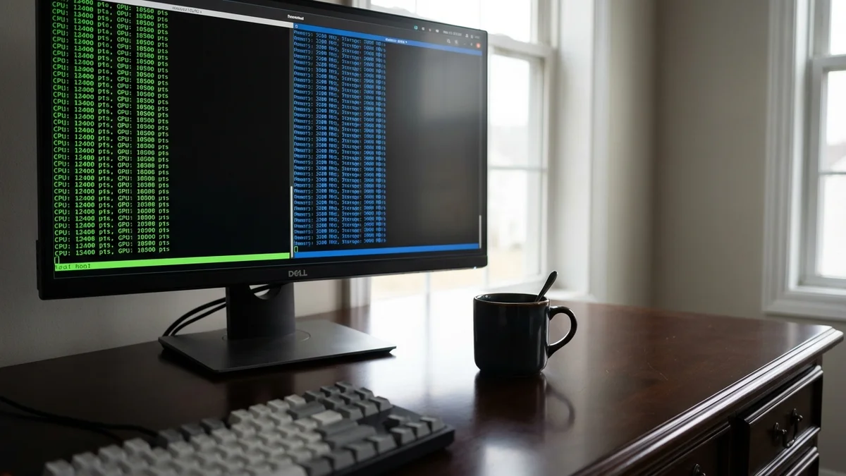 Monitor displaying split-screen terminal with benchmark comparison results