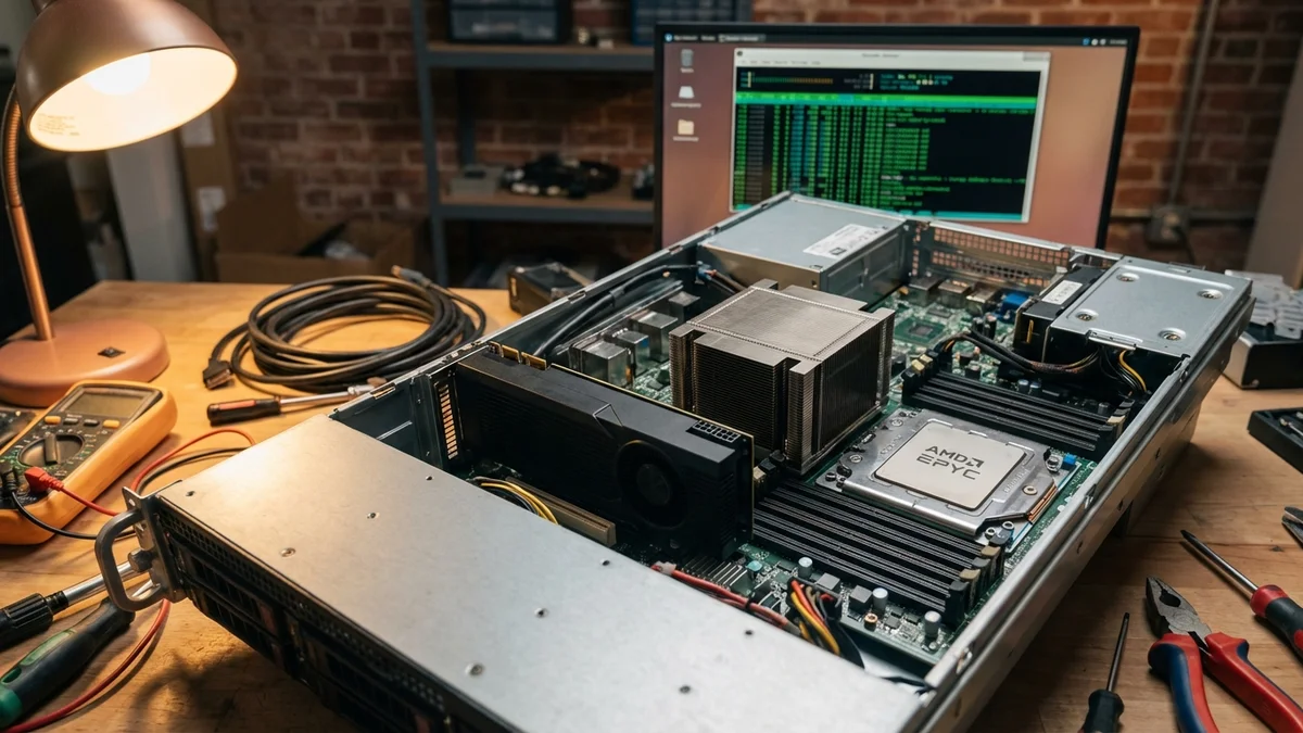 Open server chassis with AMD EPYC CPU and GPU on a workbench