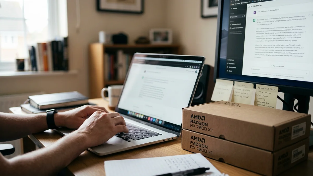 Person working at desk with AMD GPU boxes and AI chat on screen