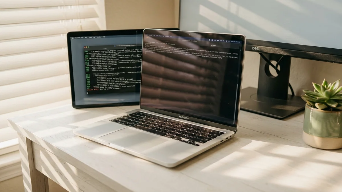 MacBook running vLLM server with startup logs on desk in morning light