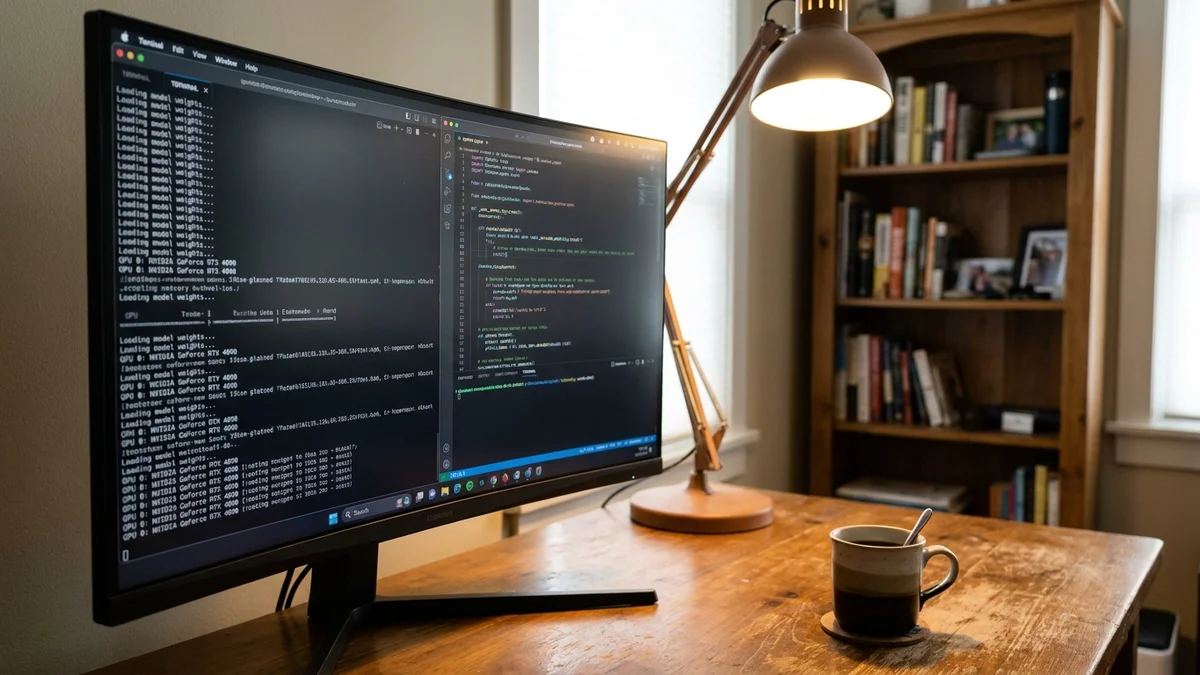 Developer monitor displaying terminal output from a vLLM server starting up