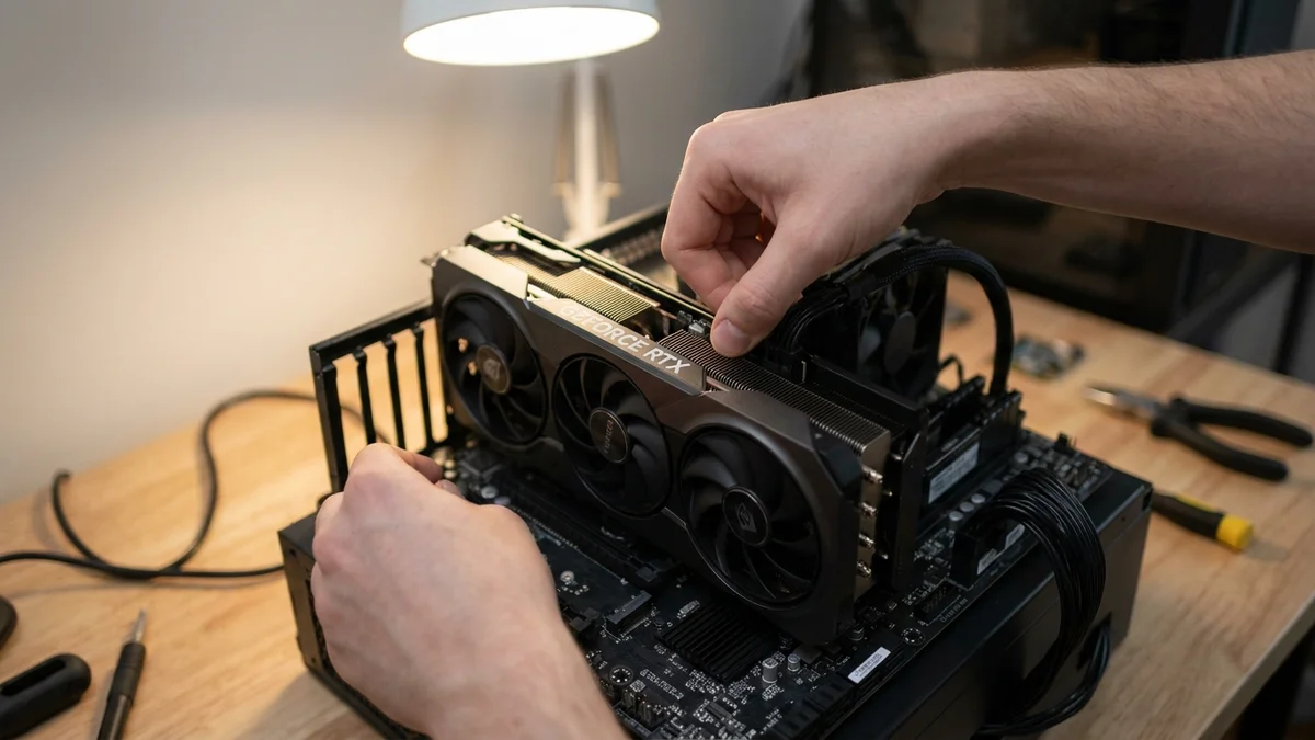 Hands installing a large NVIDIA GPU into a workstation motherboard
