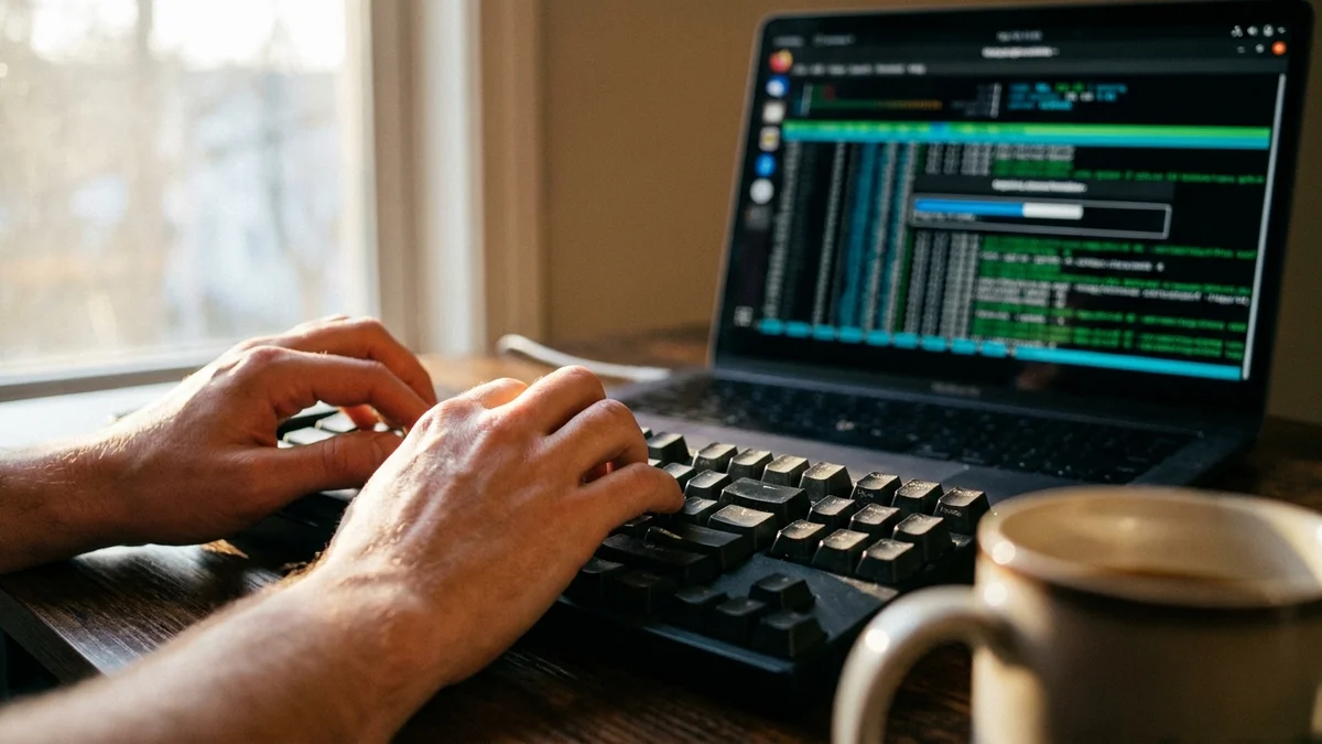 Developer hands on mechanical keyboard with terminal compilation output on screen
