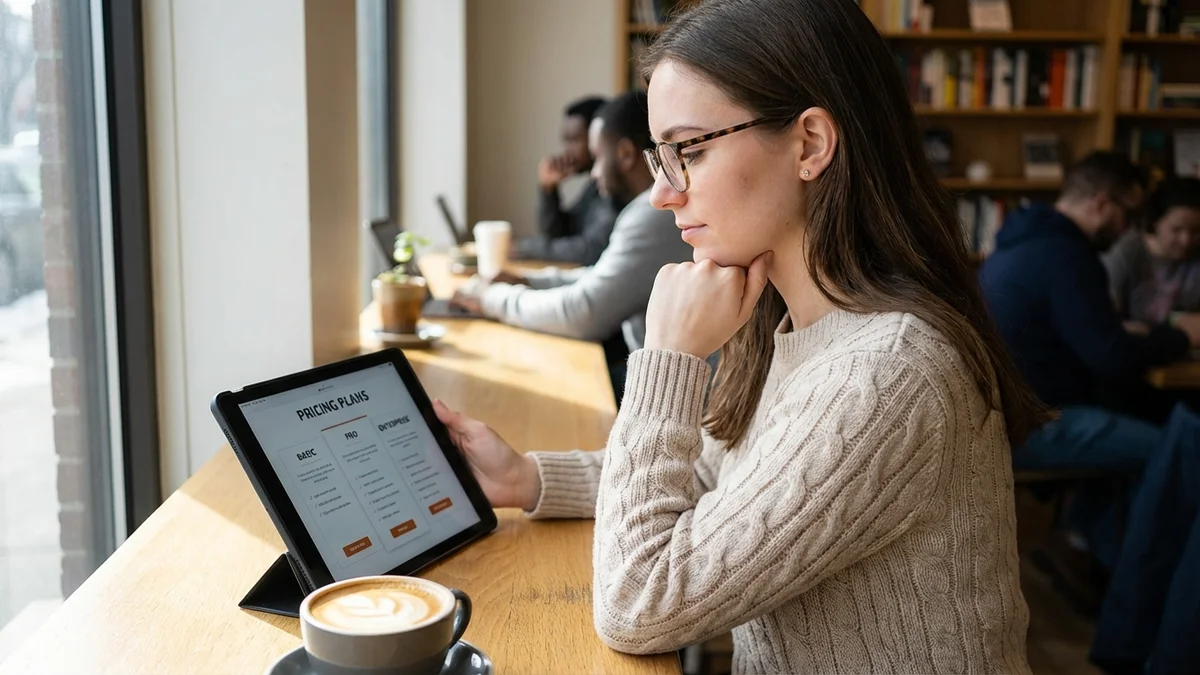 Creator reviewing AI video pricing plans on a tablet at a cafe