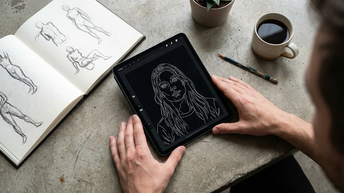 A designer reviewing ControlNet edge detection output on a tablet next to a sketch of poses