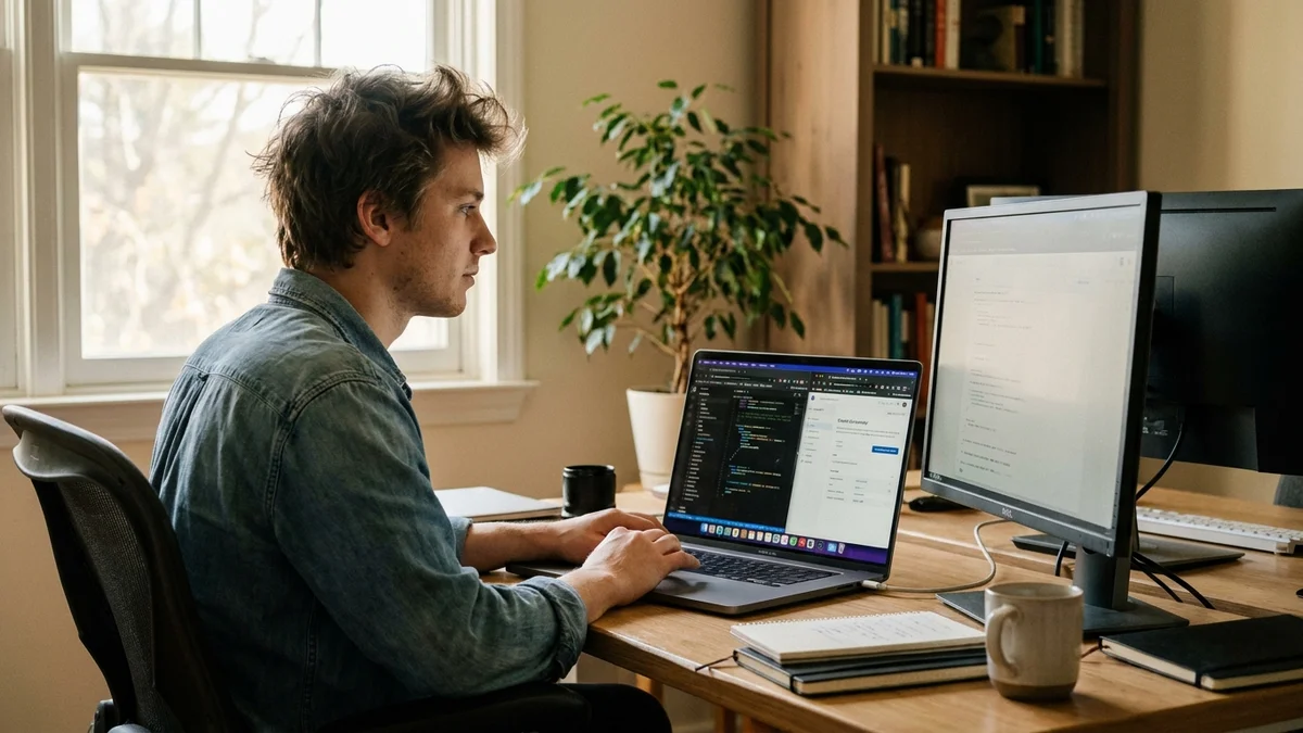 A developer evaluating different Stable Diffusion web interfaces on a laptop