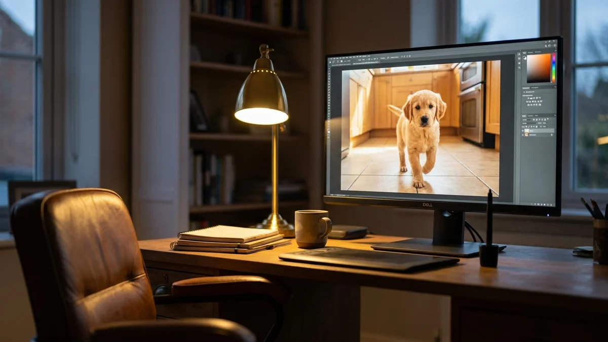 A monitor displaying a freshly generated SDXL image of a golden retriever in a sunlit kitchen