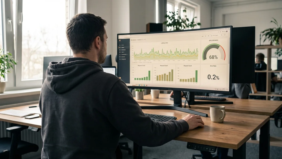 Engineer monitoring LLM API performance metrics on a dashboard
