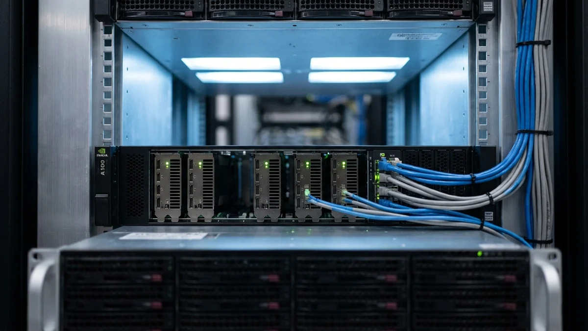 GPU server rack in a data center with status LEDs active
