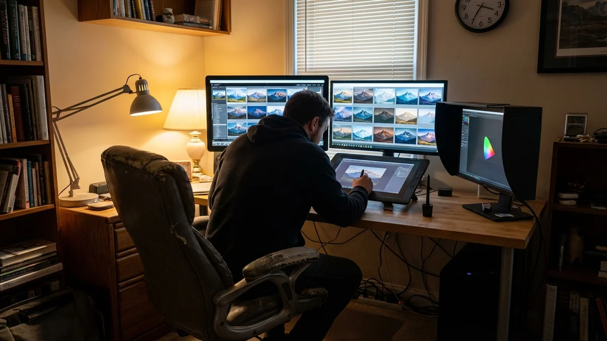 Reviewing SDXL image variations across dual monitors in a studio