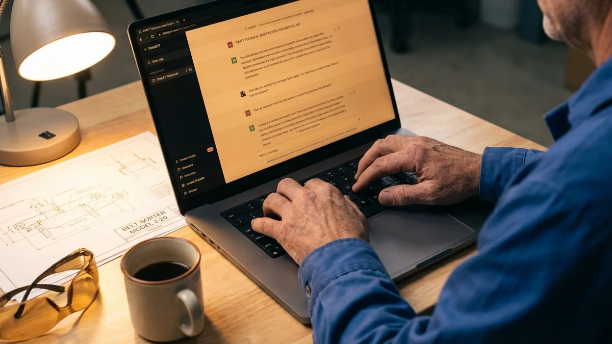Engineer using ChatGPT on laptop with technical sorting equipment diagrams on desk