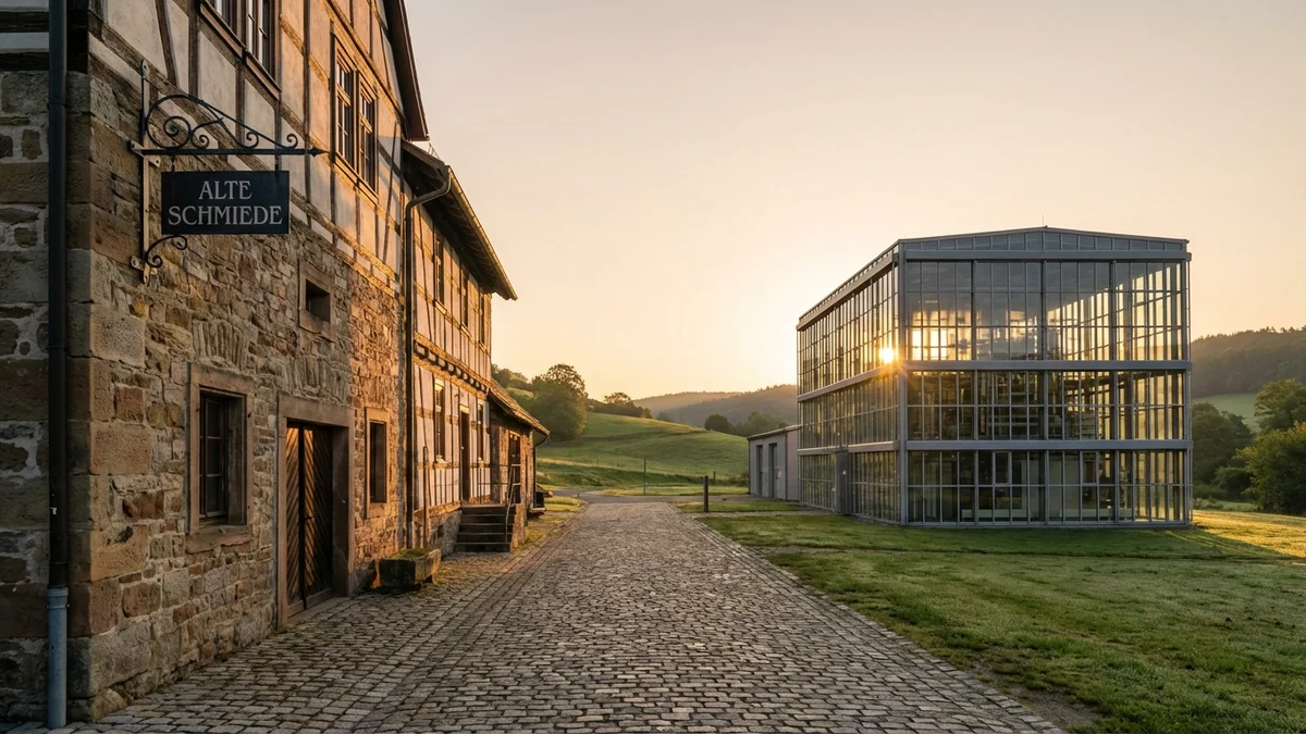 Historic German forge building next to modern STADLER manufacturing facility in Altshausen