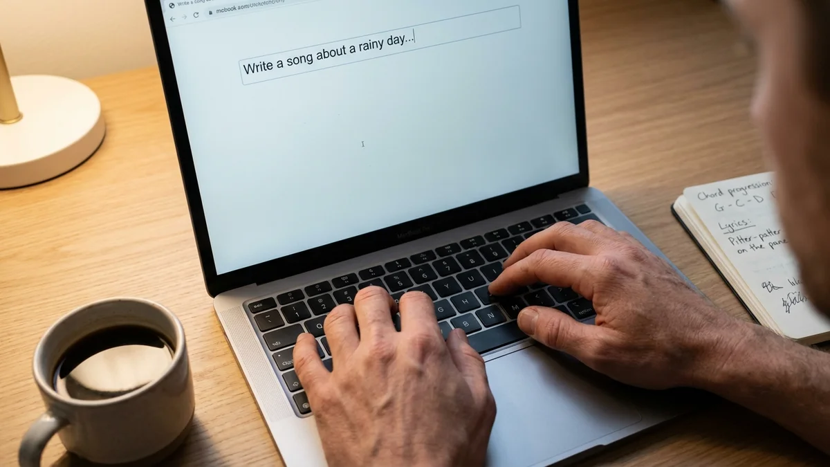 Hands typing a music prompt on laptop keyboard with coffee nearby