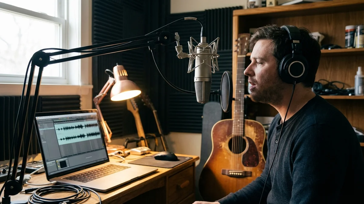 Person recording vocals into microphone for Suno voice training feature