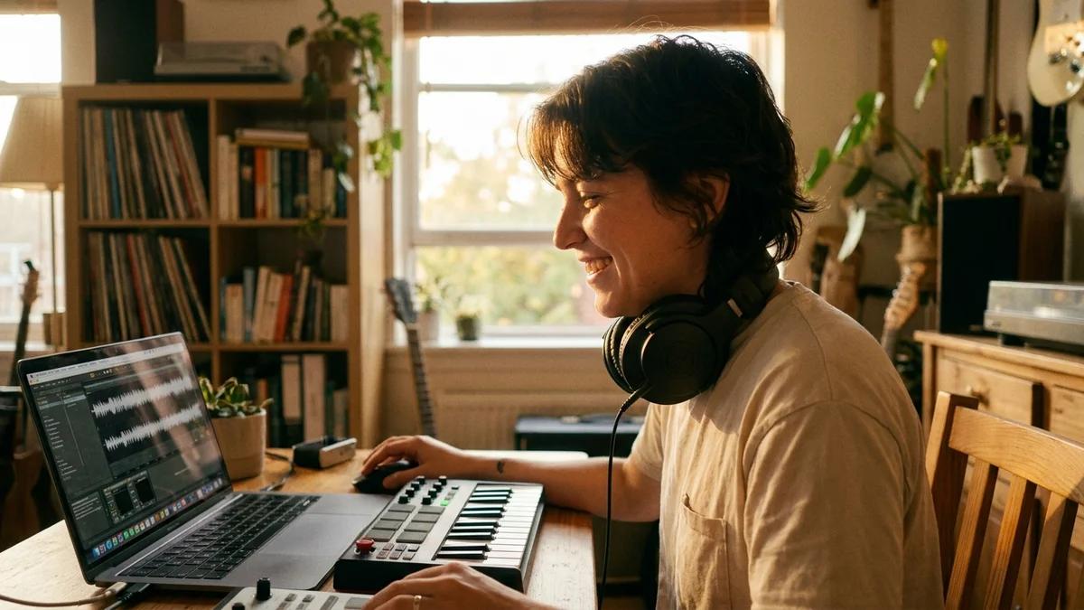 Person smiling at laptop in a home music studio with MIDI keyboard