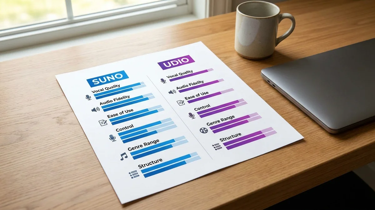 Radar chart comparing Suno and Udio feature scores across six categories