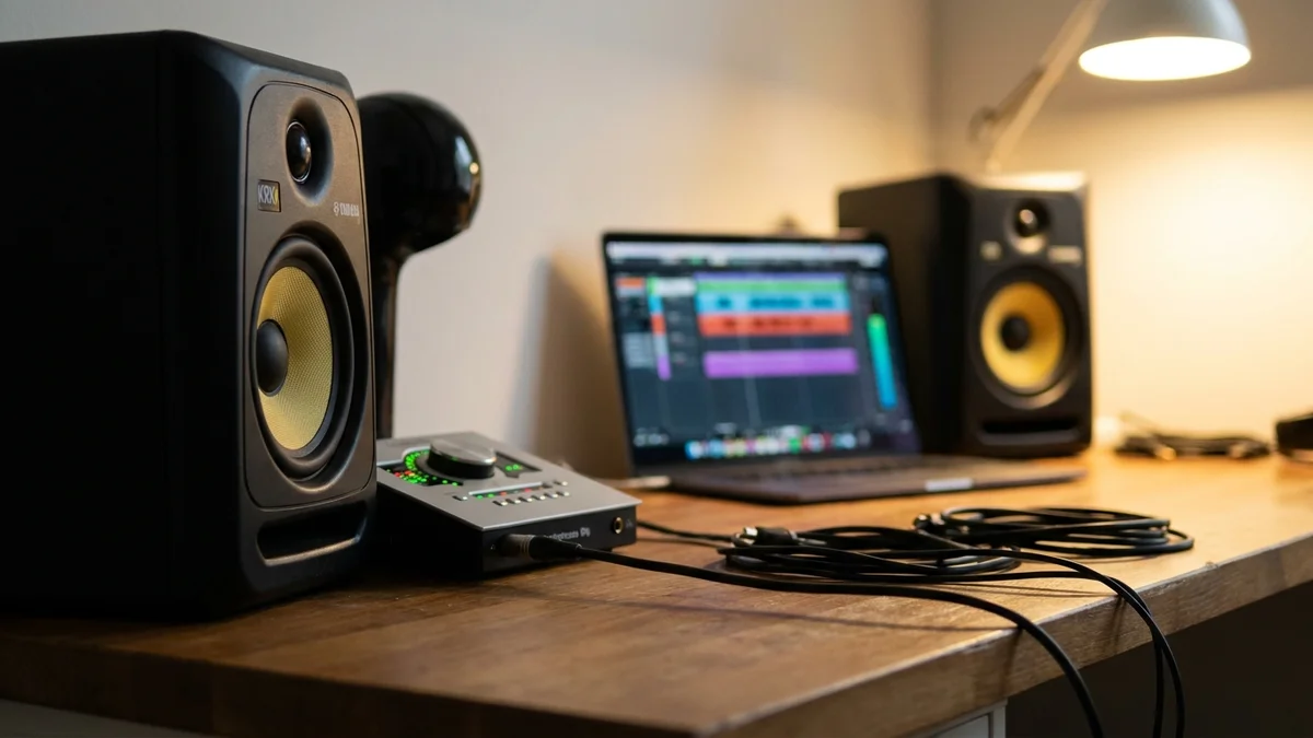 Studio monitor speakers and audio interface on a music production desk