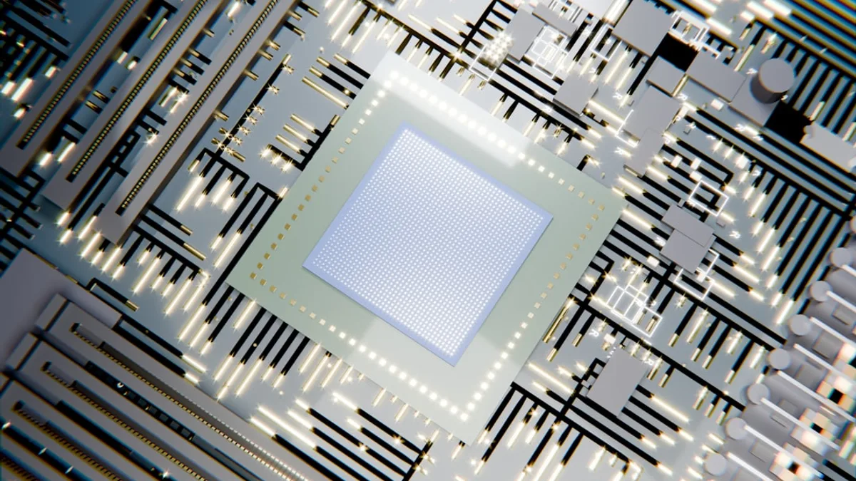 A glowing microchip on a circuit board with light patterns.