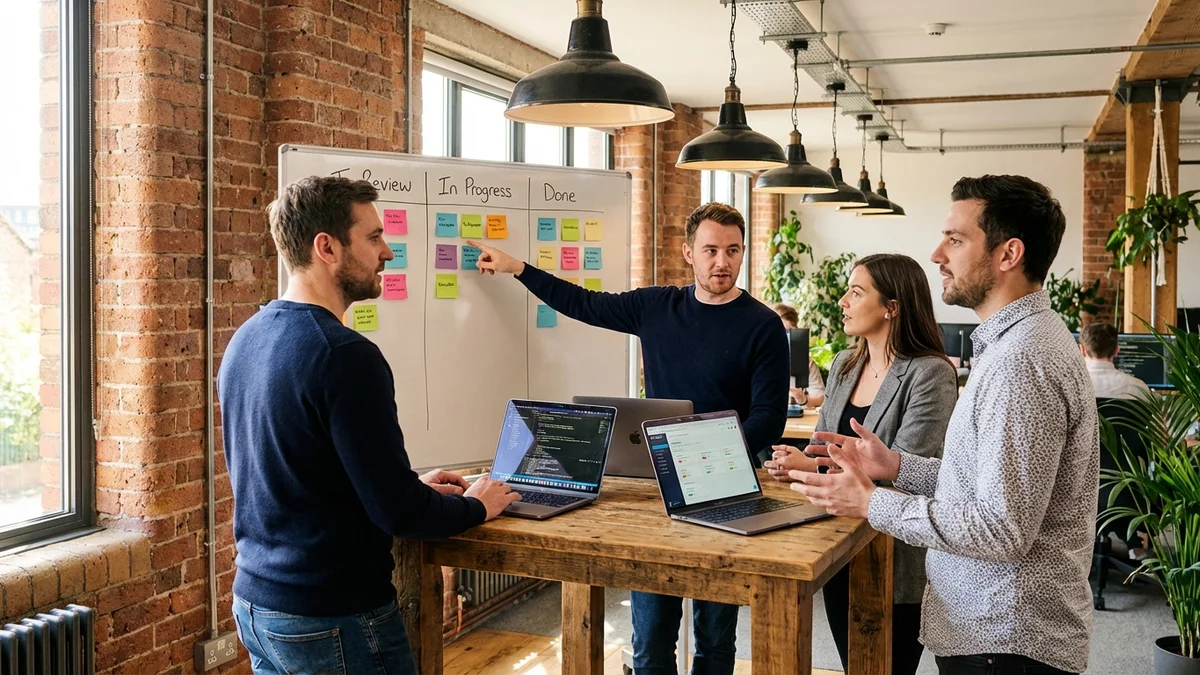 Developers collaborating around a table discussing PR review workflow on a kanban board
