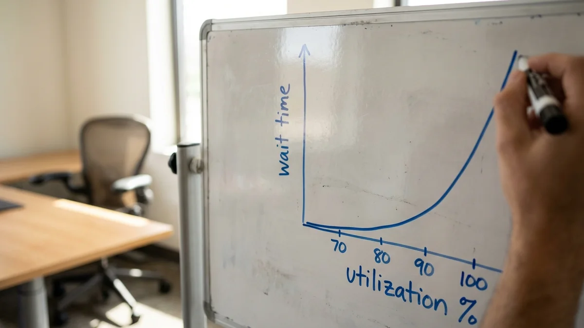 Line chart showing exponential growth of PR wait times as reviewer utilization increases