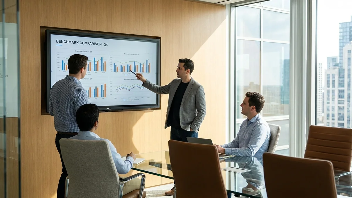 Engineering team reviewing AI model benchmark comparisons on a conference room screen