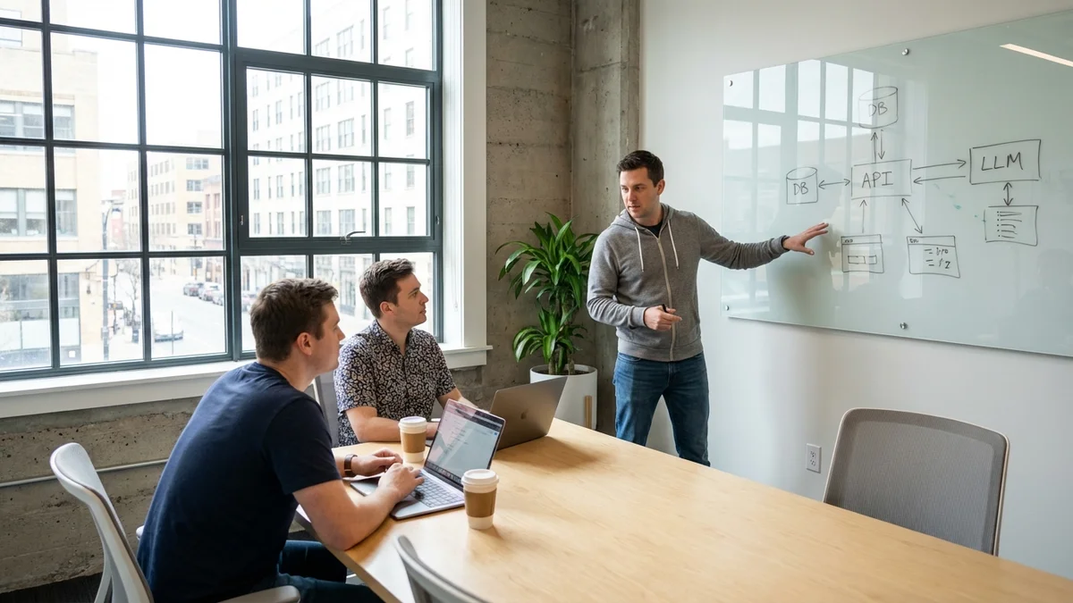 Development team discussing database architecture at a whiteboard