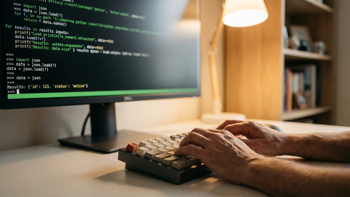 Hands typing on keyboard with vector search results on screen