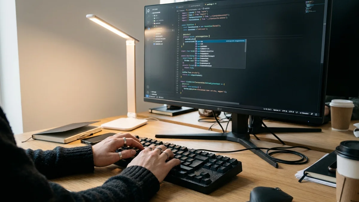 Developer hands typing on a mechanical keyboard with code on monitor