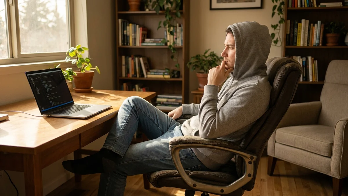 Developer leaning back thoughtfully looking at a laptop in a home office